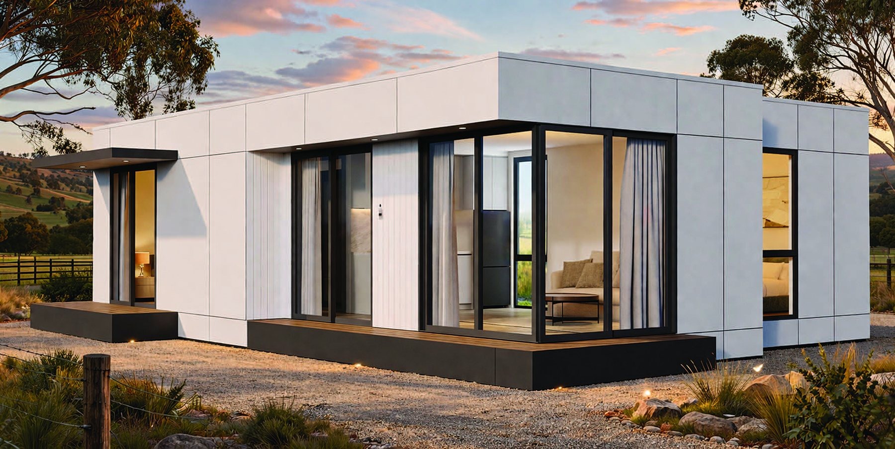 Modular home exterior at dusk, interiors lit, deck across the front