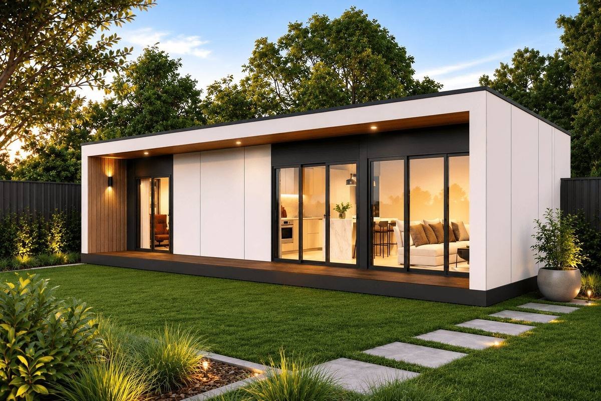 Modular home exterior in a landscaped garden at dusk