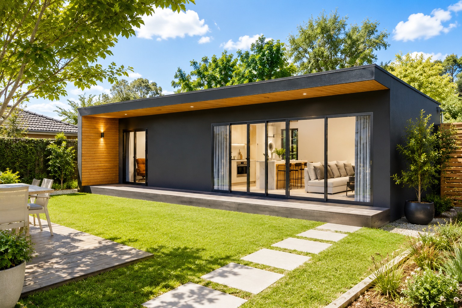 Charcoal and timber modular home opening onto a lawn