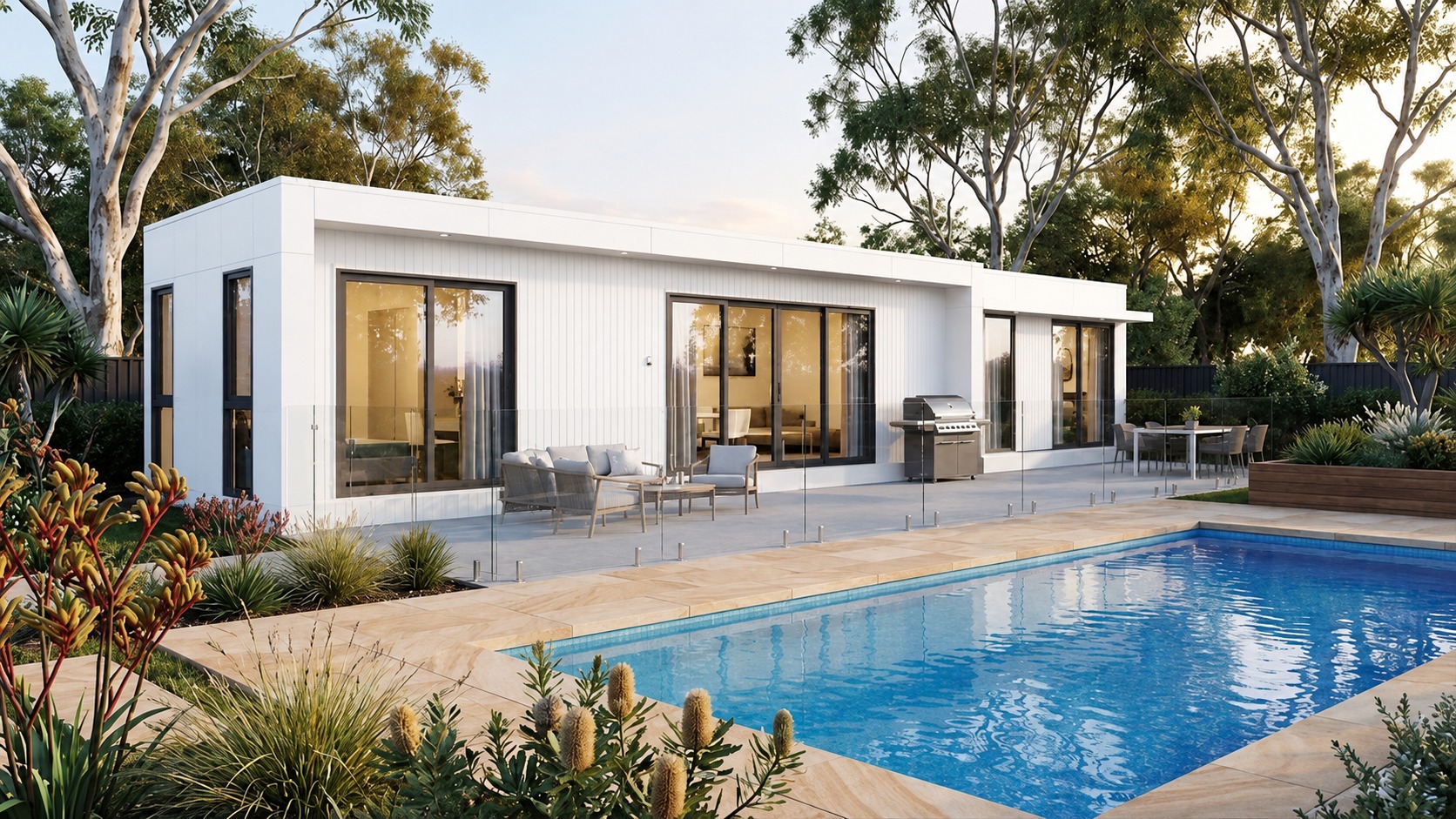 Modular home exterior with a pool and native planting