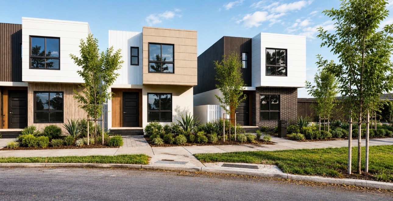 A row of completed modular townhouses seen from the street